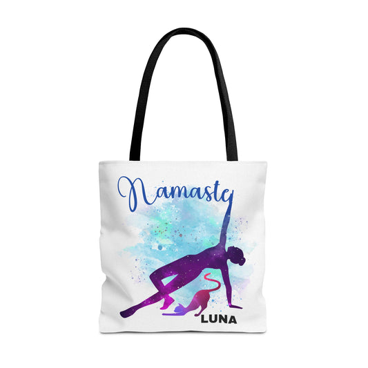 Personlized Nasmaste Cat Yoga Pose Tote Bag White Glitter background