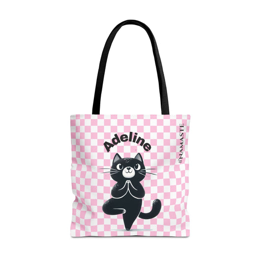 Personlized Name Nasmaste Cute Cat Simple Retro Pink Checkered Tote Bag